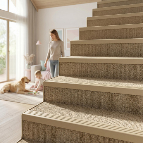 Treppenkantenprofil 30x27 mm, Treppenprofil PVC f&uuml;r Treppenstufen, Treppenkantenschutz mit Rillen, Antirutsch, RM, beige, 150 cm