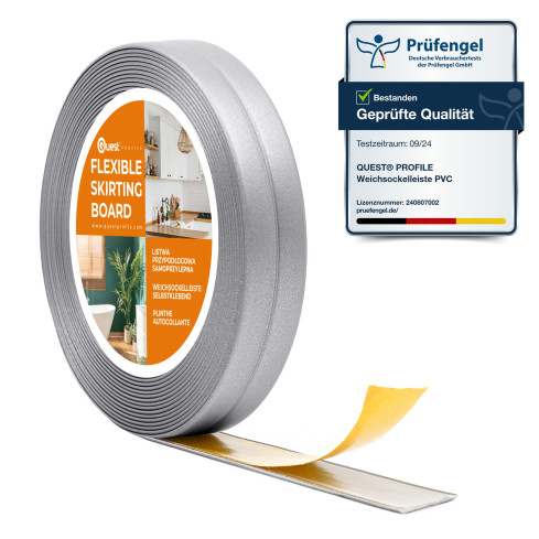 Weichsockelleiste Selbstklebend 10x10 mm, PVC Abschlussleiste für Küche, Badezimmer, Flexibel, Dekorativ, UV-beständig, silber, 5 m