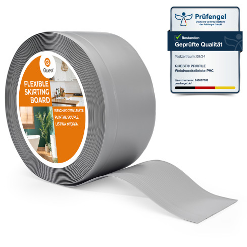 Weichsockelleiste ohne Klebeband 100x25 mm, PVC Sockelleiste, Breite Knickleiste f&uuml;r W&auml;nde, Boden, Flexibel, Dekorativ, UV-best&auml;ndig, grau