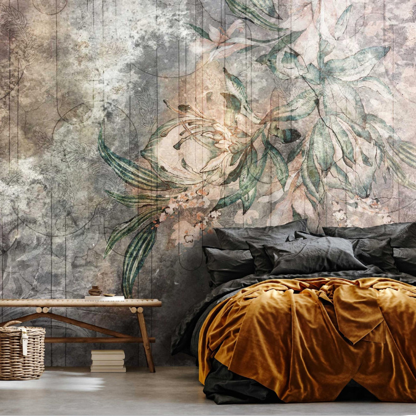 Fototapete Blatt Blumen Konkret Retro Vintage Schlafzimmer Wohnzimmer Tapete 300X210