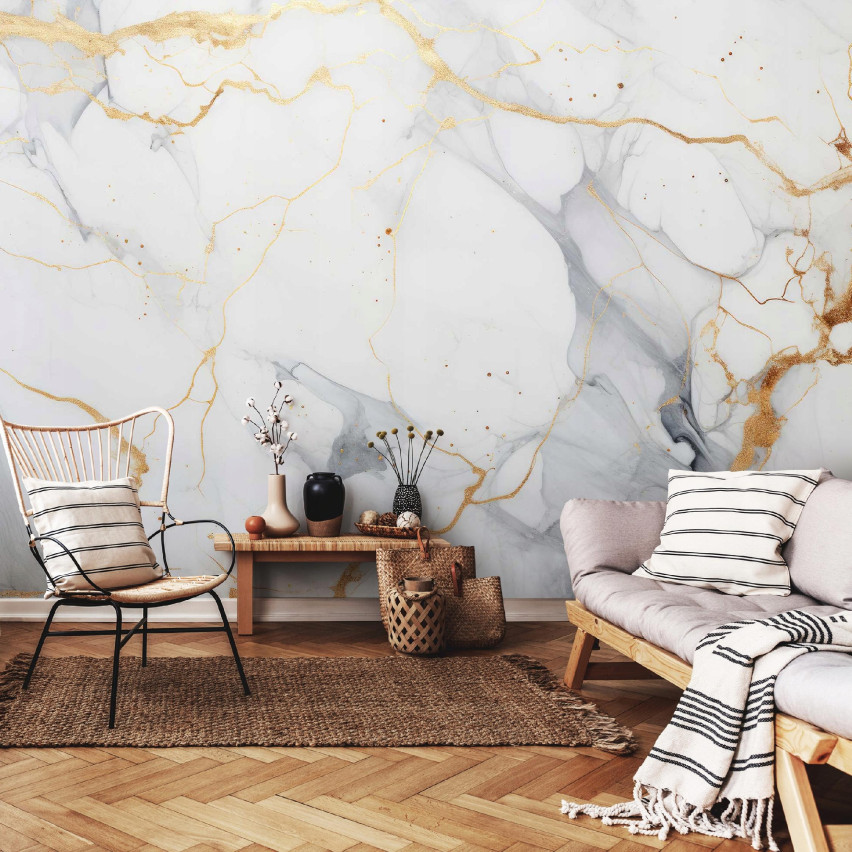 Wallpaper Marmor Gold Weiß Grau Stein Schlafzimmer Wohnzimmer Tapete 200X140