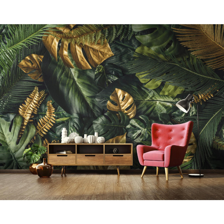 Wallpaper Monstera Blätter Golden Grün Für Schlafzimmer Wohnzimmer Tapete 150X105