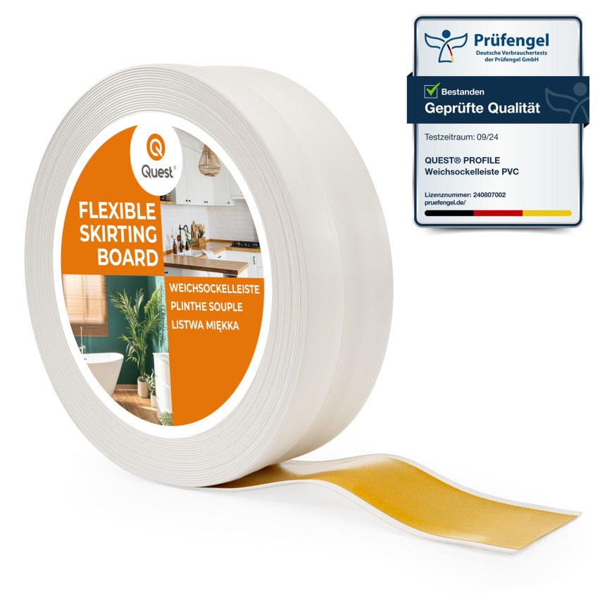 Weichsockelleiste selbstklebend 32x23 mm, flexible Wandabschlussleiste für Küche und Bad, Bodenleiste aus PVC, Dichtungsband, Weiß