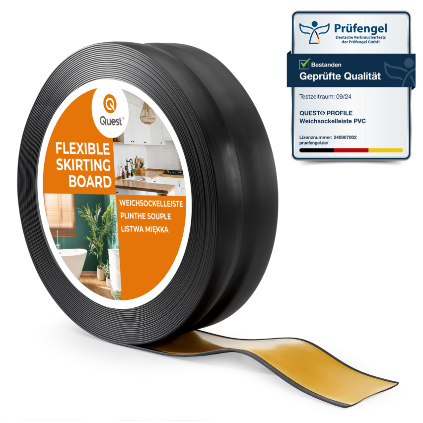 Weichsockelleiste selbstklebend 32x23 mm, flexible Wandabschlussleiste für Küche und Bad, Bodenleiste aus PVC, Dichtungsband, Schwarz