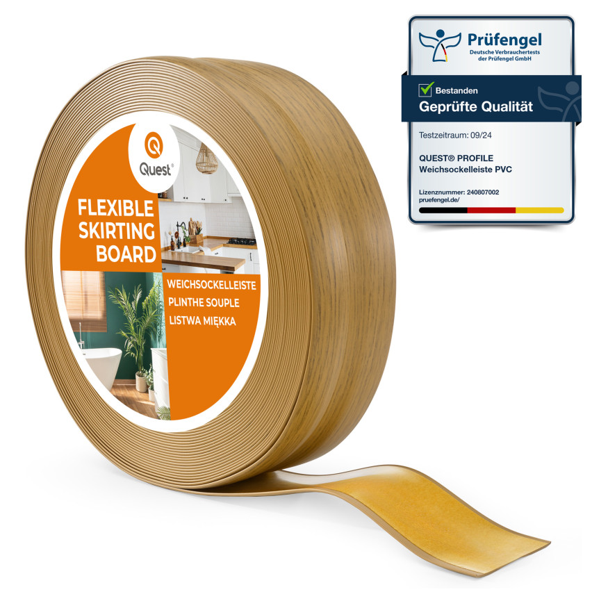 Weichsockelleiste selbstklebend 32x23 mm, flexible Wandabschlussleiste für Küche und Bad, Bodenleiste aus PVC, Dichtungsband, Eiche
