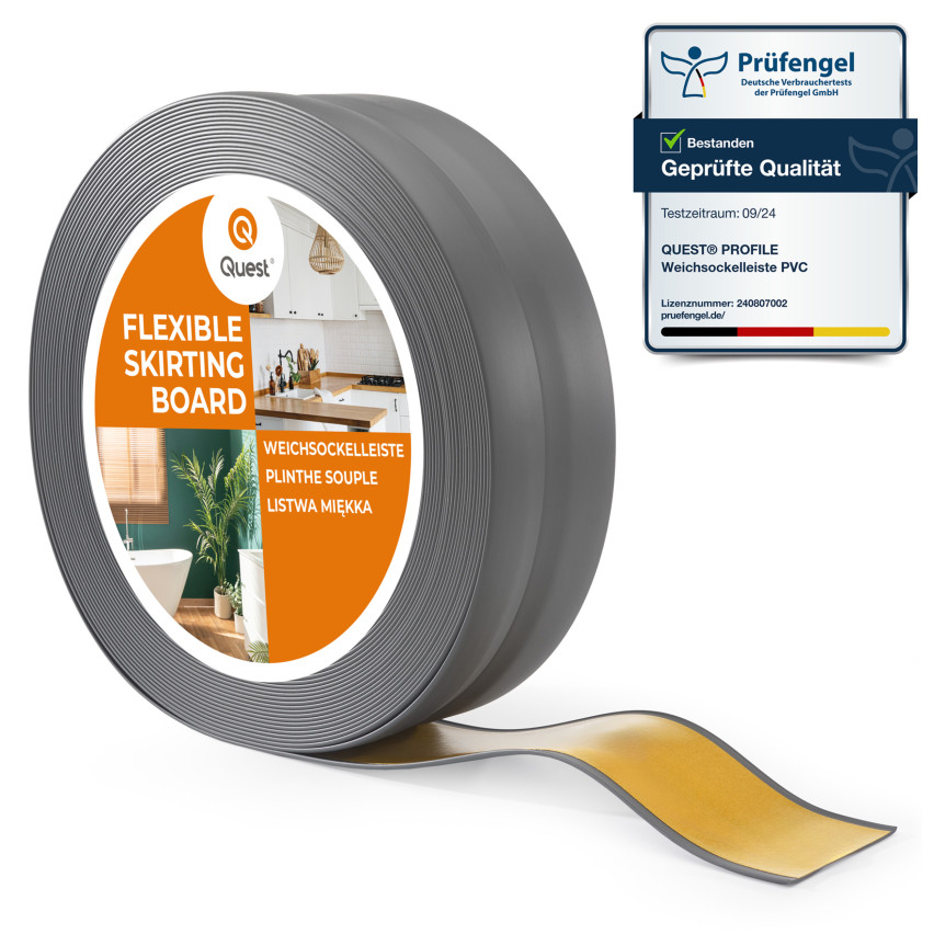 Weichsockelleiste selbstklebend 32x23 mm, flexible Wandabschlussleiste für Küche und Bad, Bodenleiste aus PVC, Dichtungsband, Graphit