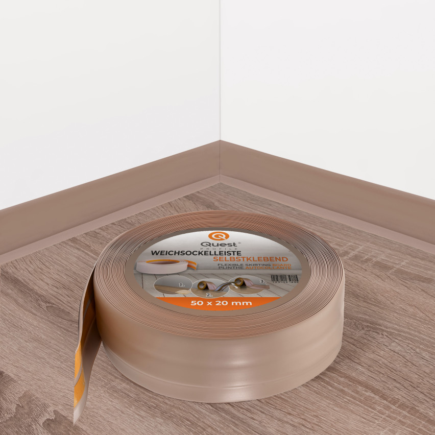 Weichsockelleiste selbstklebend 50x20 mm, flexible Wandabschlussleiste für Küche und Bad, Bodenleiste aus PVC, Dichtungsband, Beige