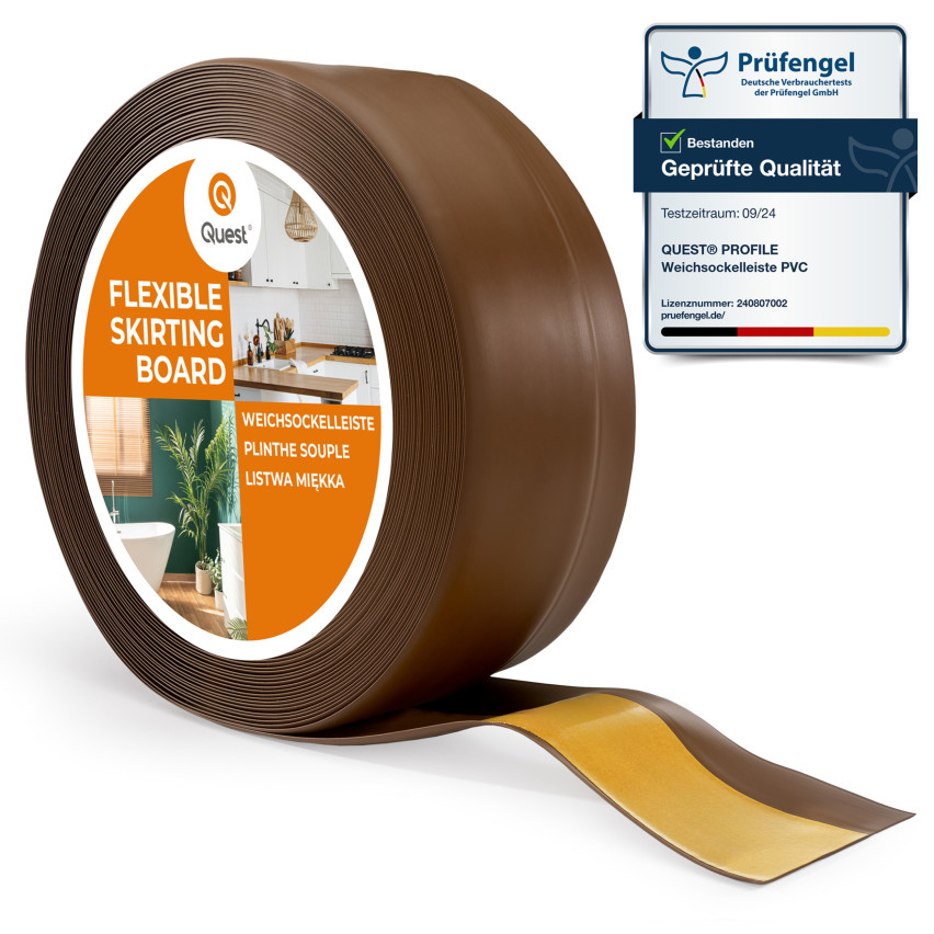 Weichsockelleiste selbstklebend 50x20 mm, flexible Wandabschlussleiste für Küche und Bad, Bodenleiste aus PVC, Dichtungsband, Dunkelbraun