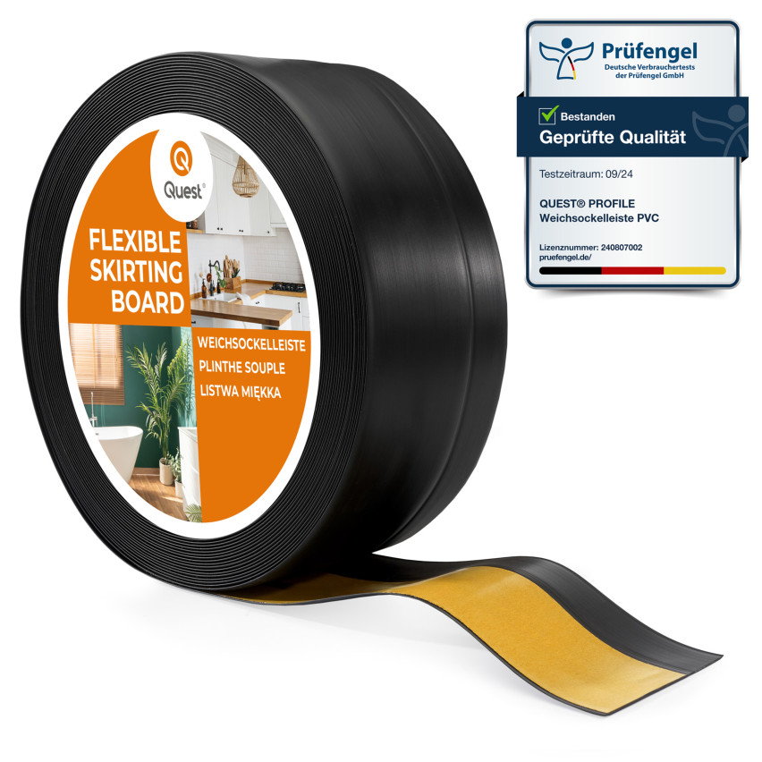 Weichsockelleiste selbstklebend 50x20 mm, flexible Wandabschlussleiste für Küche und Bad, Bodenleiste aus PVC, Dichtungsband, Schwarz