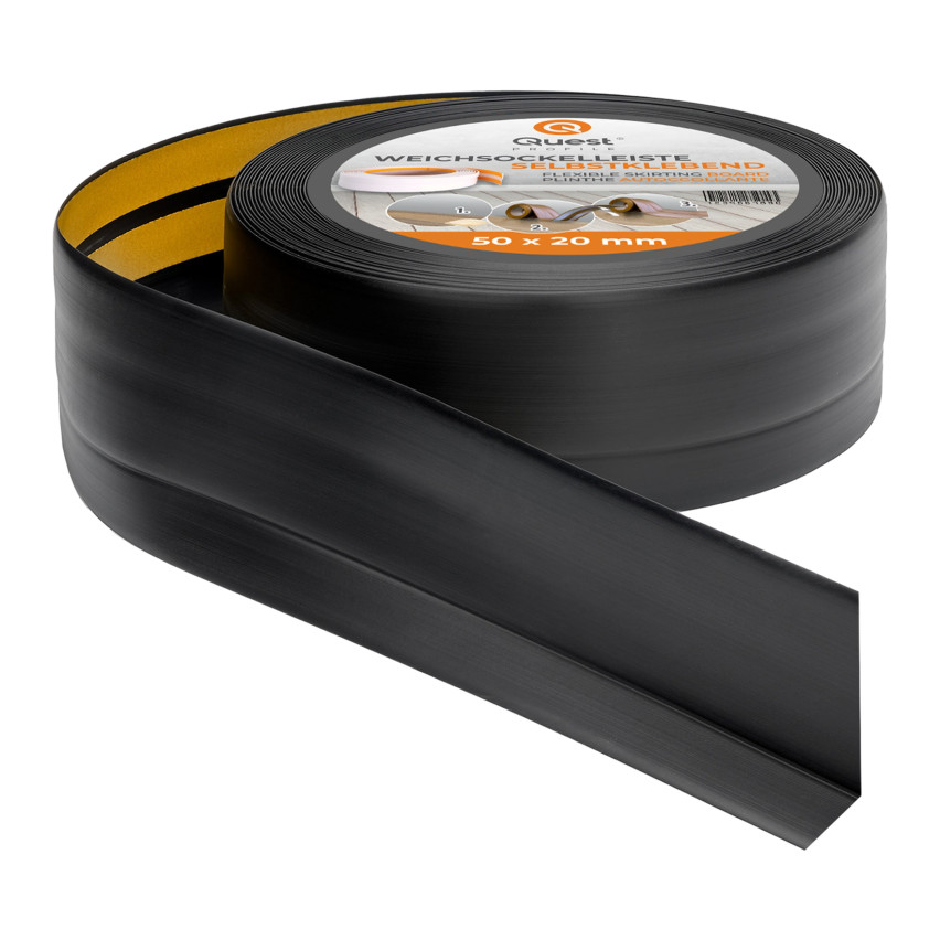Weichsockelleiste selbstklebend 50x20 mm, flexible Wandabschlussleiste für Küche und Bad, Bodenleiste aus PVC, Dichtungsband, Schwarz