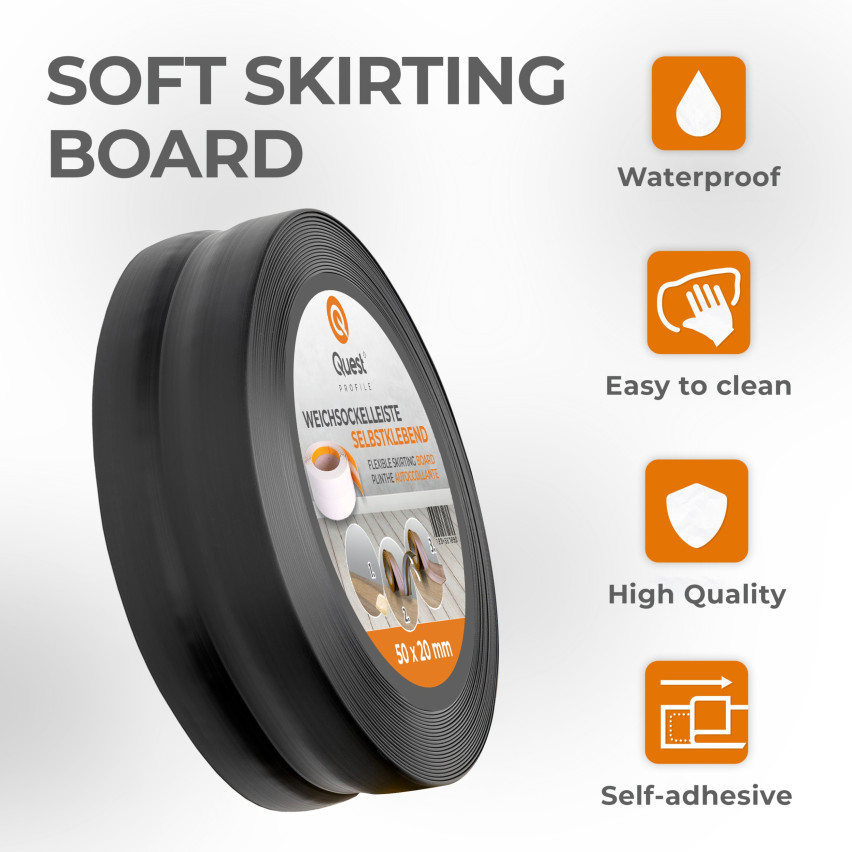 Weichsockelleiste selbstklebend 50x20 mm, flexible Wandabschlussleiste für Küche und Bad, Bodenleiste aus PVC, Dichtungsband, Schwarz