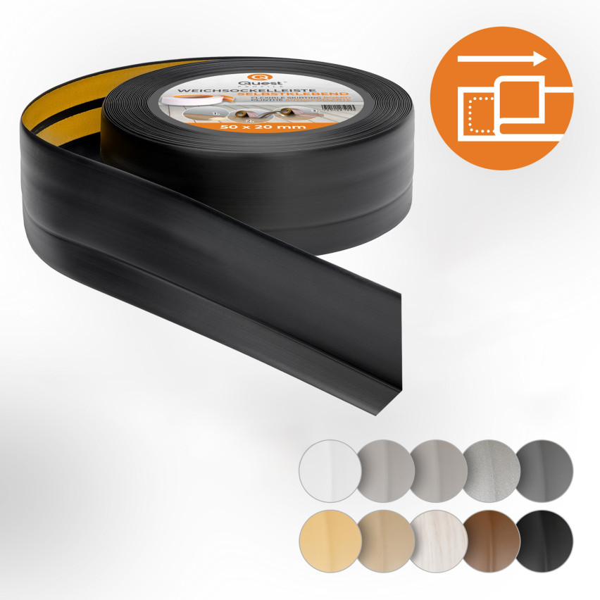 Weichsockelleiste selbstklebend 50x20 mm, flexible Wandabschlussleiste für Küche und Bad, Bodenleiste aus PVC, Dichtungsband, Schwarz