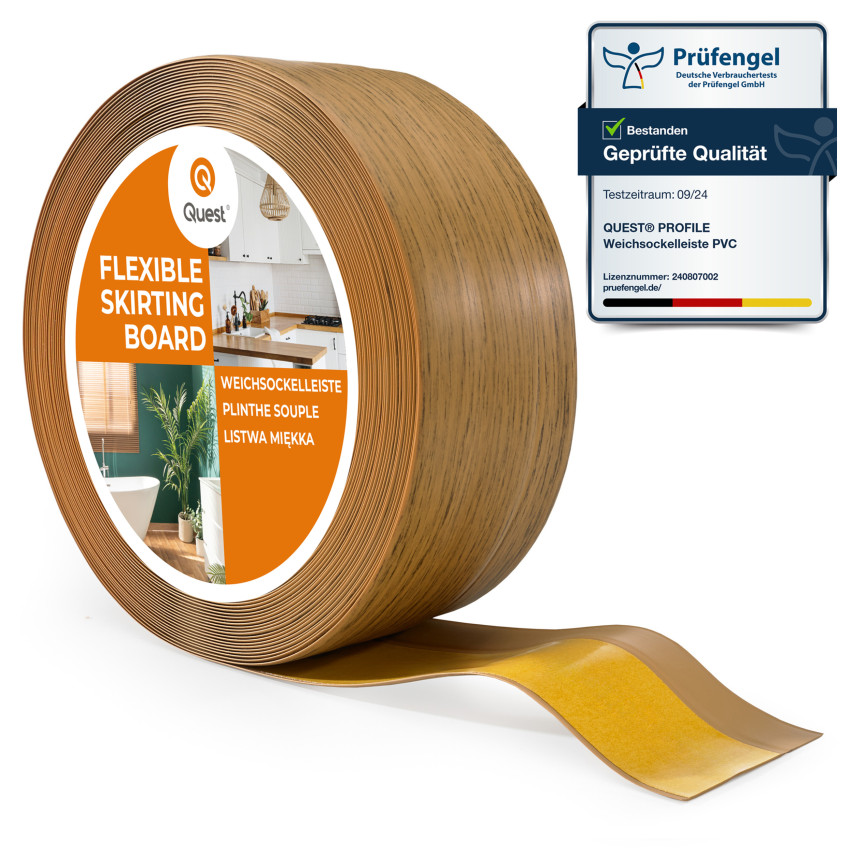 Weichsockelleiste selbstklebend 50x20 mm, flexible Wandabschlussleiste für Küche und Bad, Bodenleiste aus PVC, Dichtungsband, Eiche