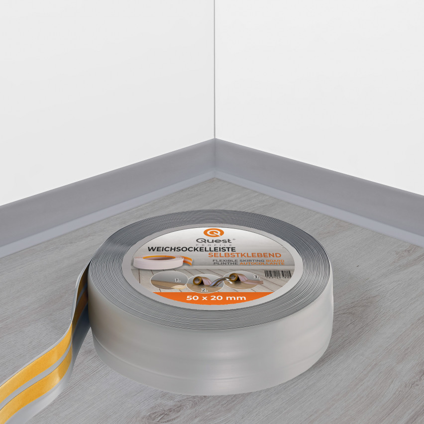 Weichsockelleiste selbstklebend 50x20 mm, flexible Wandabschlussleiste für Küche und Bad, Bodenleiste aus PVC, Dichtungsband, Grau