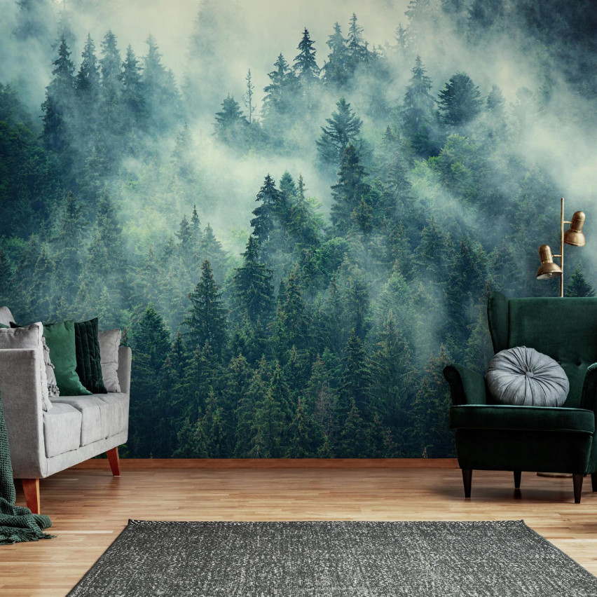 Fototapete Wald In Nebel Grün Für Schlafzimmer Wohnzimmer Tapete 350X250