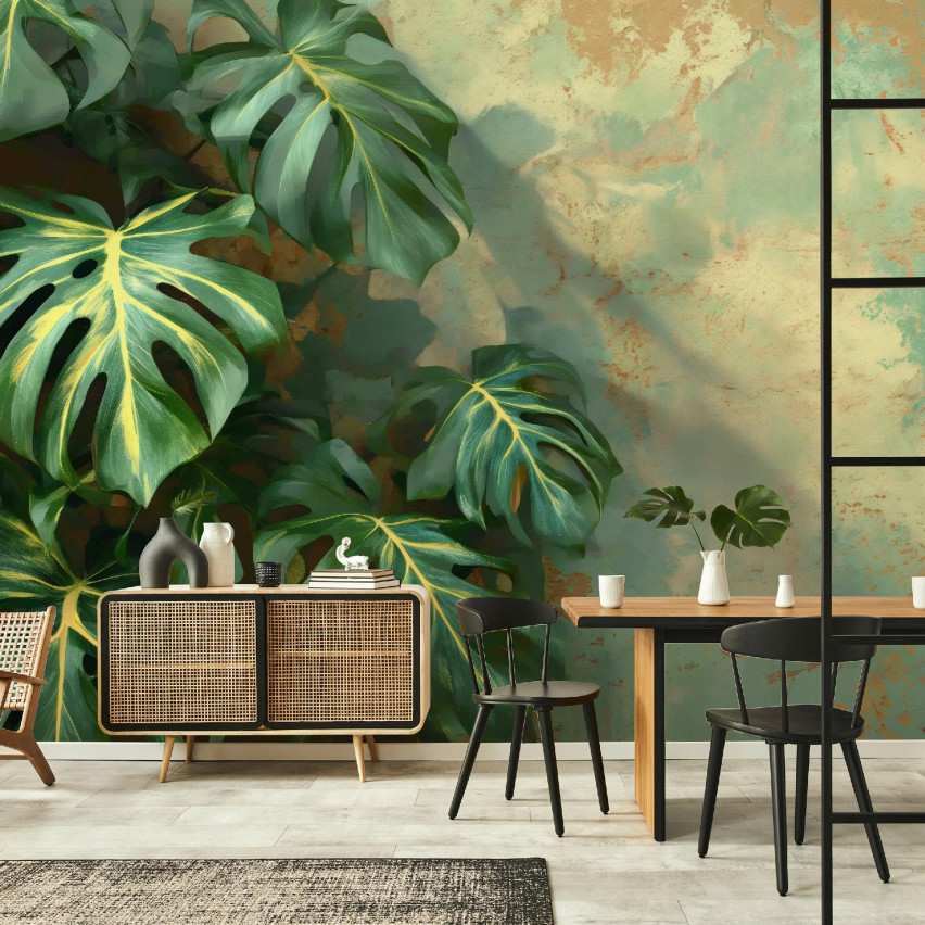 Fototapete Monstera Blätter Grün Beton Für Schlafzimmer Wohnzimmer Tapete 200X140