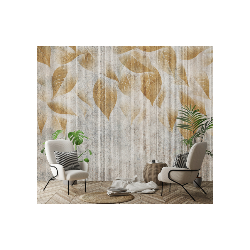Fototapete Blätter auf Beton Beige Boho für Schlafzimmer Wohnzimmer Tapete 400X280