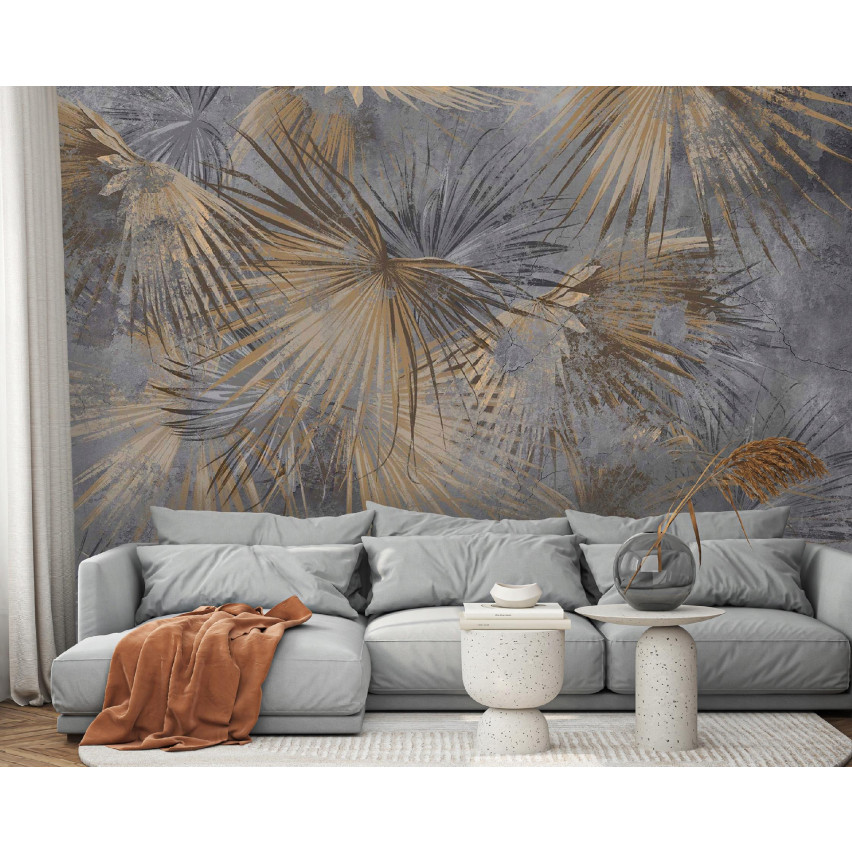 Fototapete Blätter auf Beton Beige für Schlafzimmer Wohnzimmer Tapete 250X175