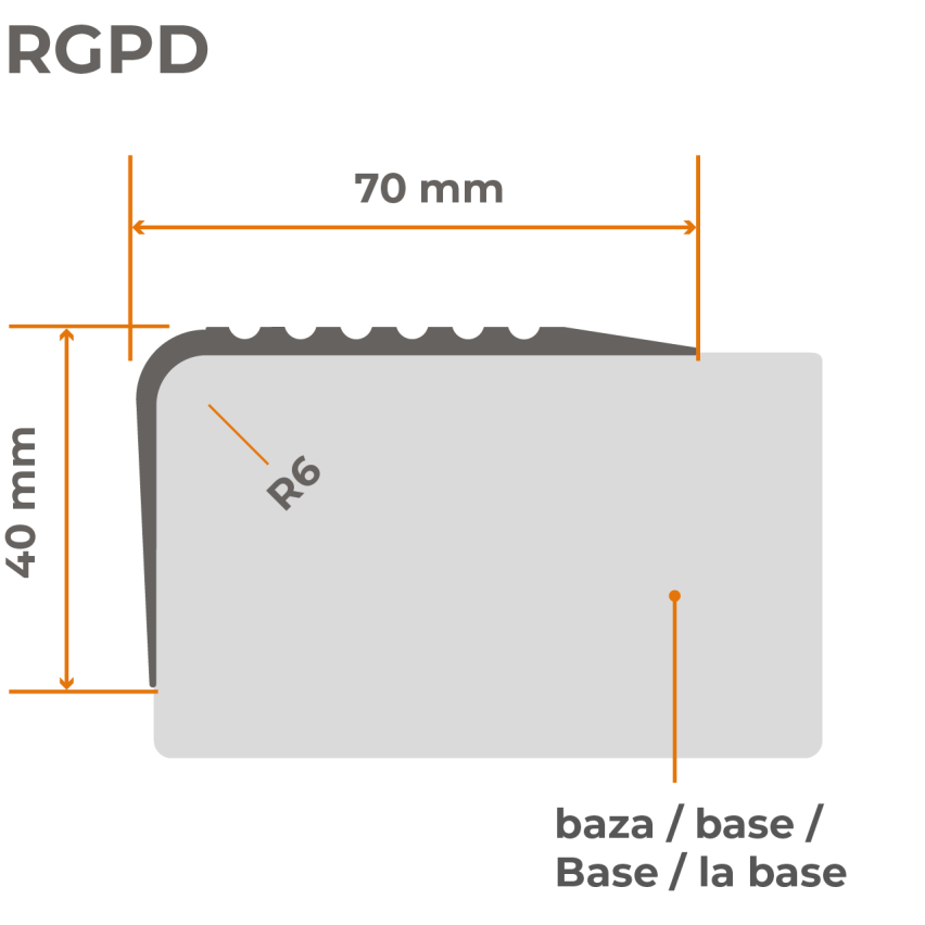 Rutschfestes Treppenprofil 70x40mm, 150cm, grau