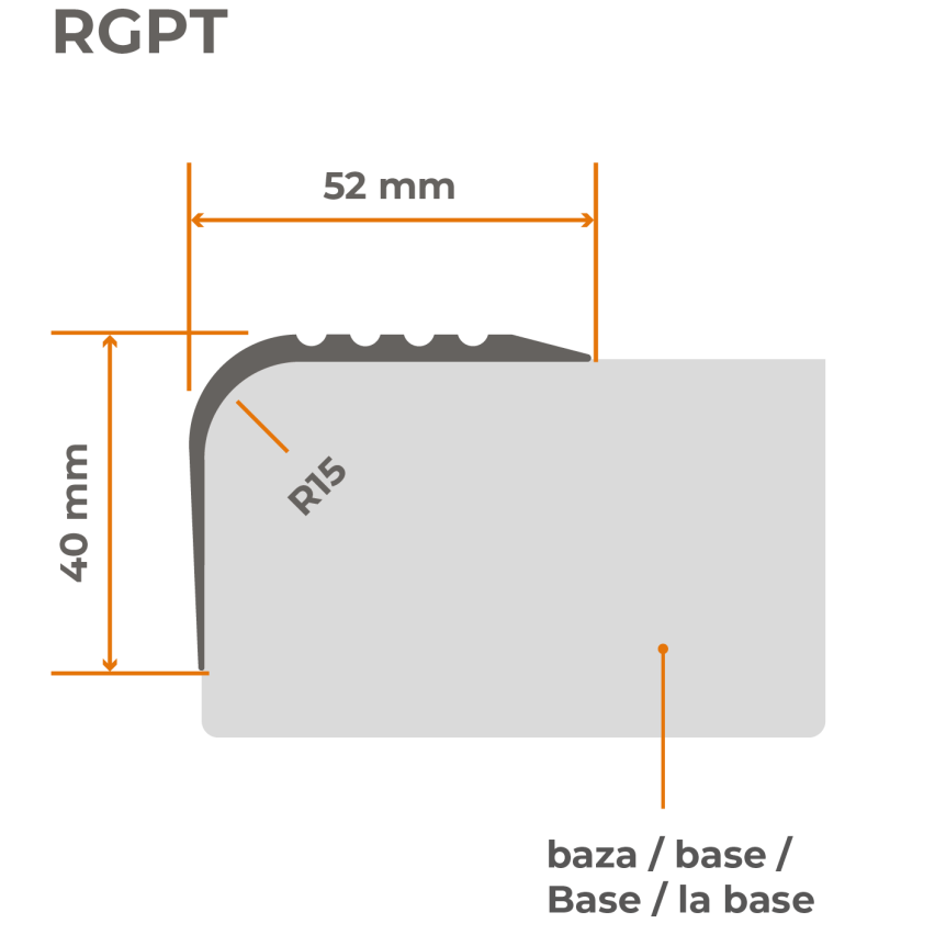 Rutschfestes Treppenprofil mit Kleber, 52x40mm, dunkelgrau