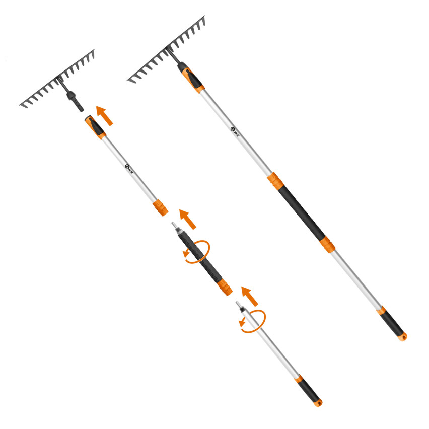 Laubrechen, Metallrechen, Teleskopstiel, Obstpflücker, Pflasterbürste – QUEST Gartensystem