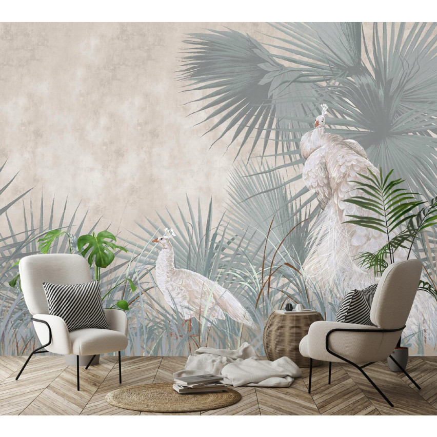 Pfau Blätter auf Beton Vögel für Schlafzimmer Wohnzimmer Tapete 350X250