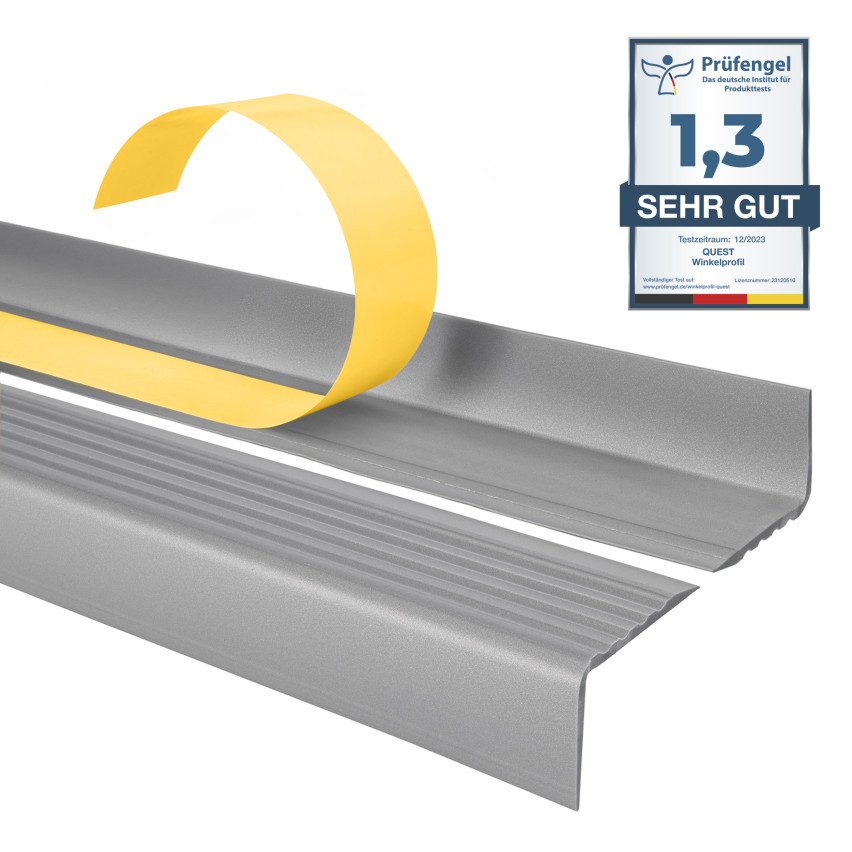 Treppenkantenprofil Selbstklebend 40x25 mm, silber, Treppenprofil PVC für Treppenstufen, Treppenkantenschutz mit Rillen, Antirutsch, Abriebfest, ND