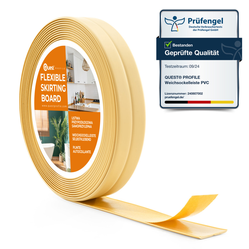 Weichsockelleiste Selbstklebend 10x10 mm, PVC Abschlussleiste für Küche, Badezimmer, Flexibel, Dekorativ, UV-beständig, creme, 5 m