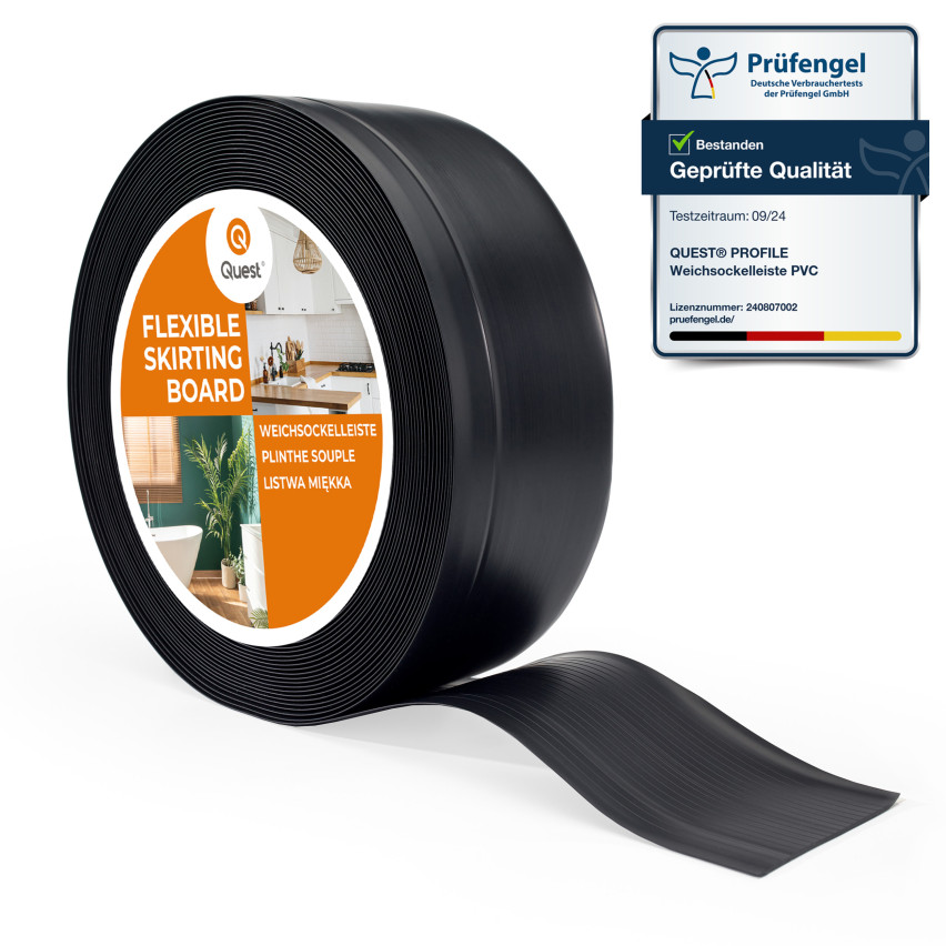 Weichsockelleiste ohne Klebeband 70x20 mm, schwarz, PVC Sockelleiste, Breite Knickleiste für Wände, Boden, Flexibel, Dekorativ, UV-beständig