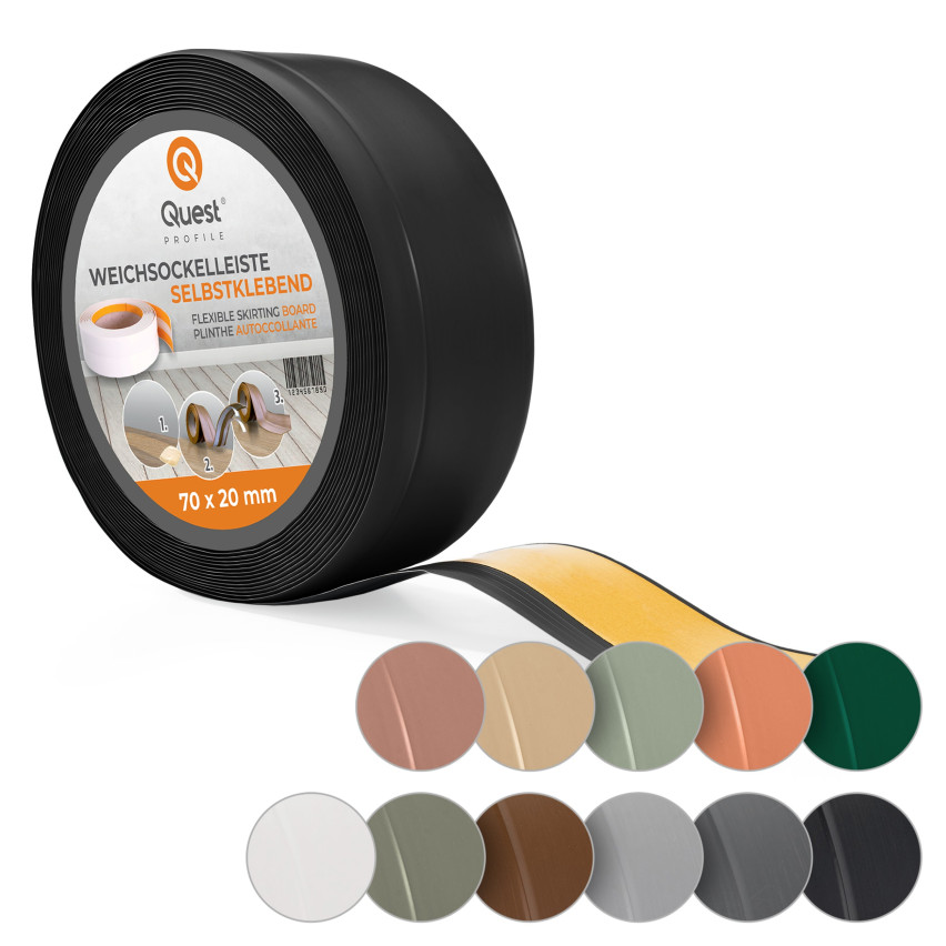 Weichsockelleiste Selbstklebend 70x20 mm, grau, PVC Sockelleiste, Breite Knickleiste für Wände, Boden, Flexibel, Dekorativ, UV-beständig