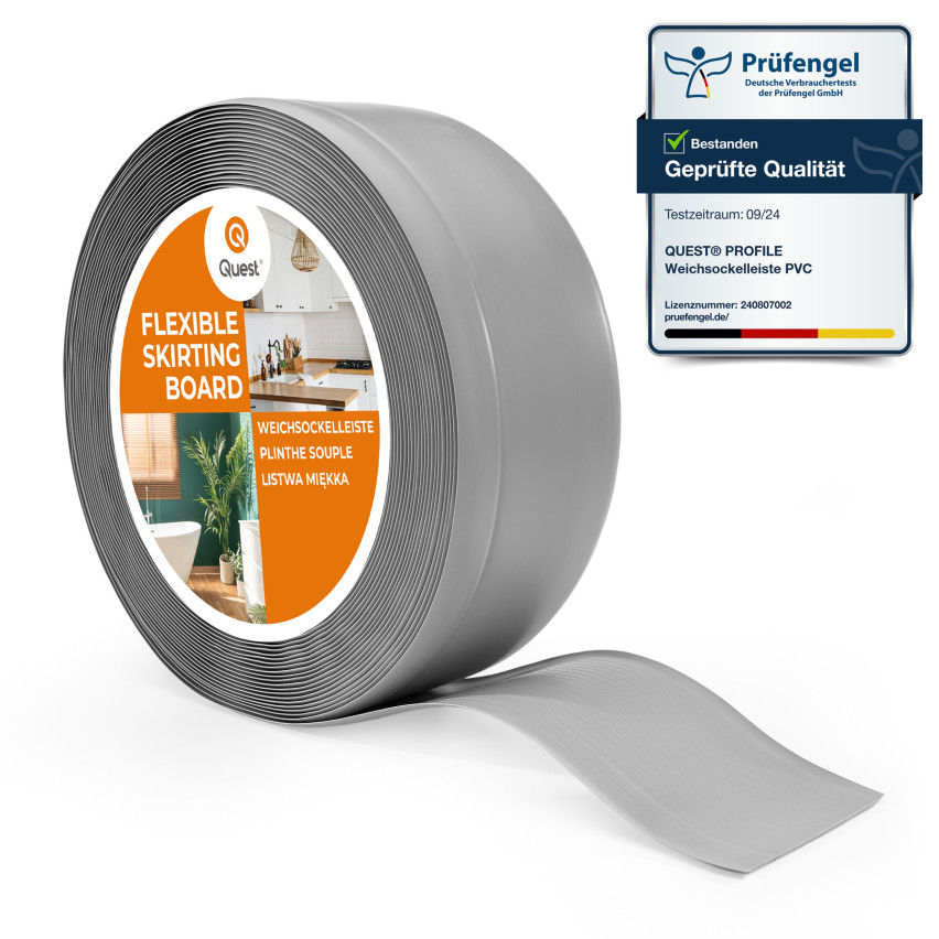 Weichsockelleiste ohne Klebeband 70x20 mm, PVC Sockelleiste, Breite Knickleiste für Wände, Boden, Flexibel, Dekorativ, UV-beständig, grau