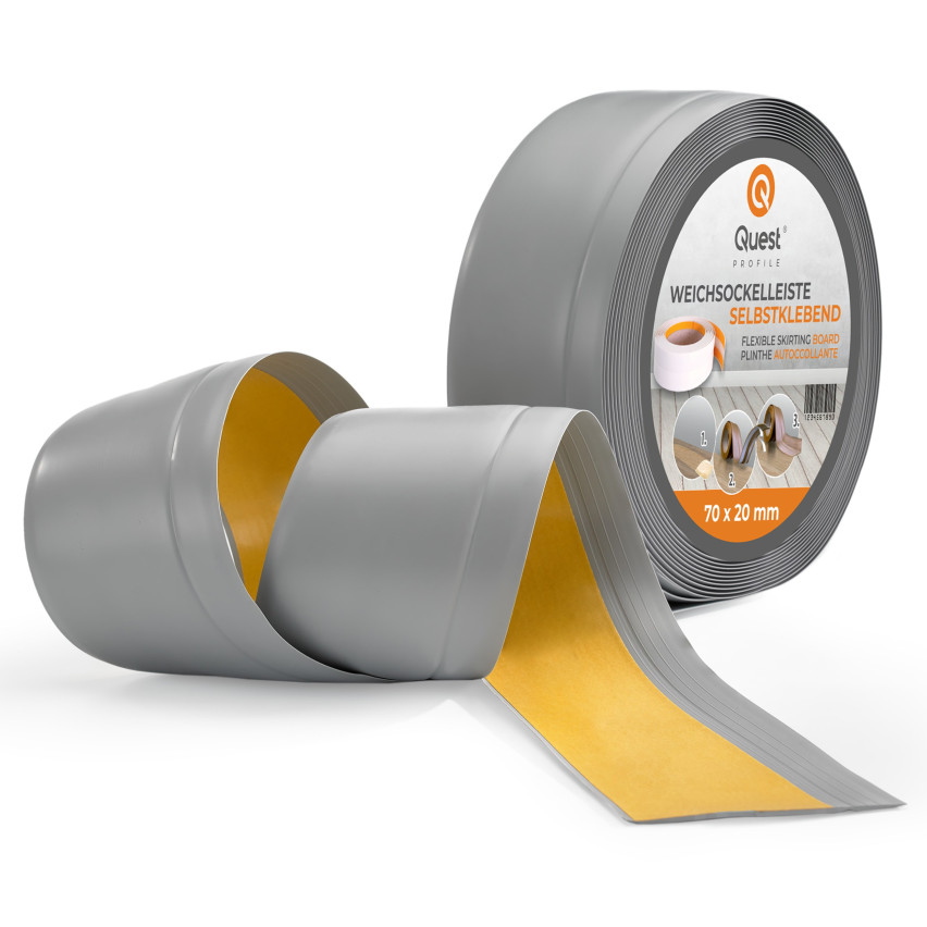 Weichsockelleiste Selbstklebend 70x20 mm, grau, PVC Sockelleiste, Breite Knickleiste für Wände, Boden, Flexibel, Dekorativ, UV-beständig