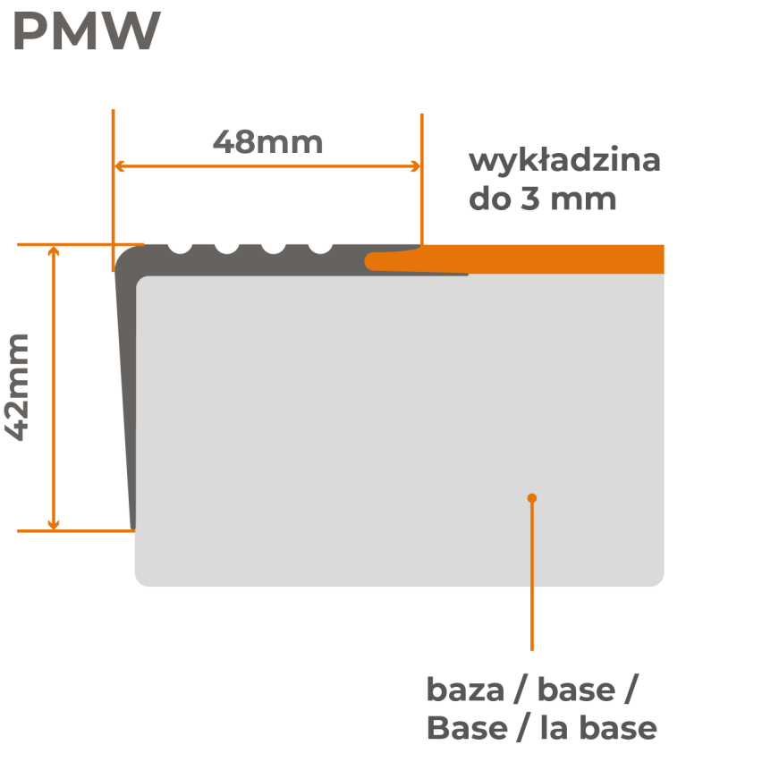 Treppenkantenprofil 48x42 mm, 150 cm, schwarz, Treppenprofil PVC für Treppenstufen, Treppenkantenschutz mit Rillen, Antirutsch, Abriebfest, PMW