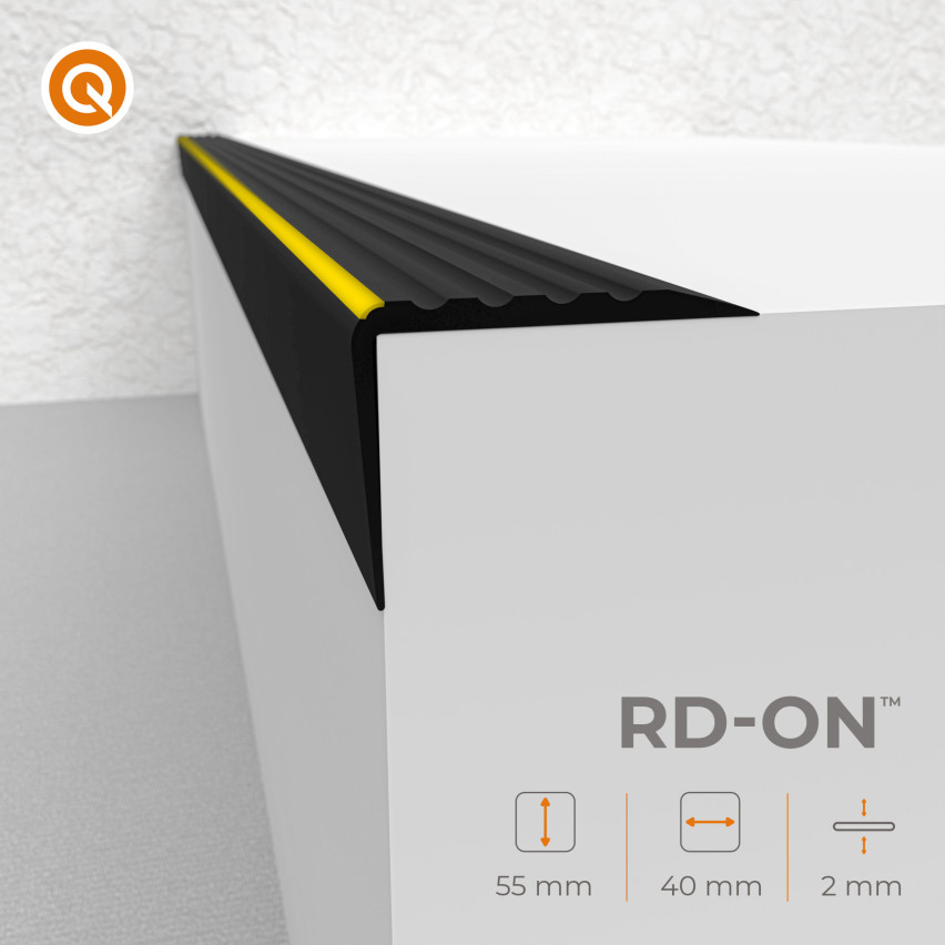 Treppenkantenprofil Selbstklebend 55x40 mm, Treppenprofil, Warnprofil PVC für Treppenstufen, Treppenkantenschutz mit Rillen, Antirutsch, RD-ON, schwarz