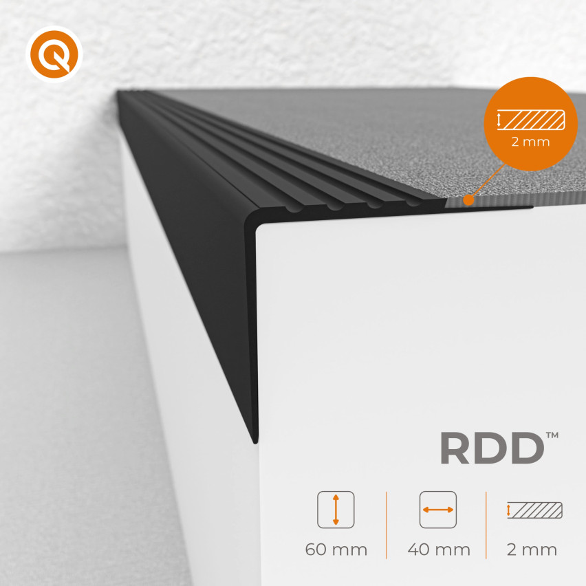 Treppenkantenprofil 40x60 mm, Treppenprofil PVC für Treppenstufen, Treppenkantenschutz mit Rillen, Antirutsch, RDD, dunkelgrau, 150 cm