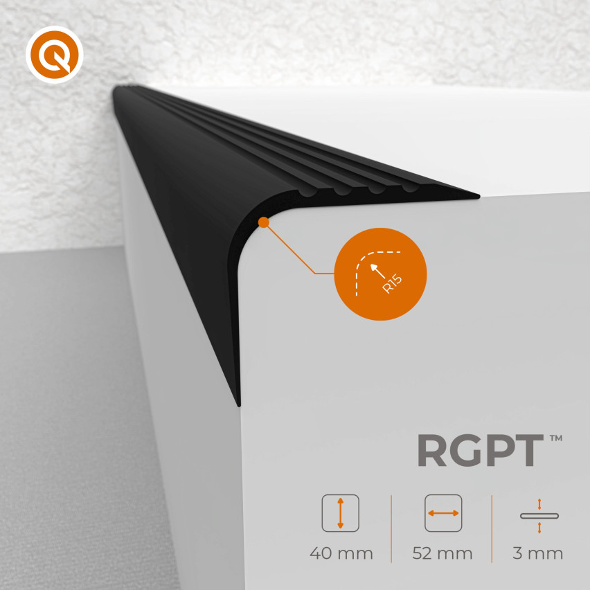 Treppenkantenprofil 52x40 mm, Treppenprofil PVC für Treppenstufen, Treppenkantenschutz mit Rillen, Antirutsch, RGPT, schwarz, 150 cm