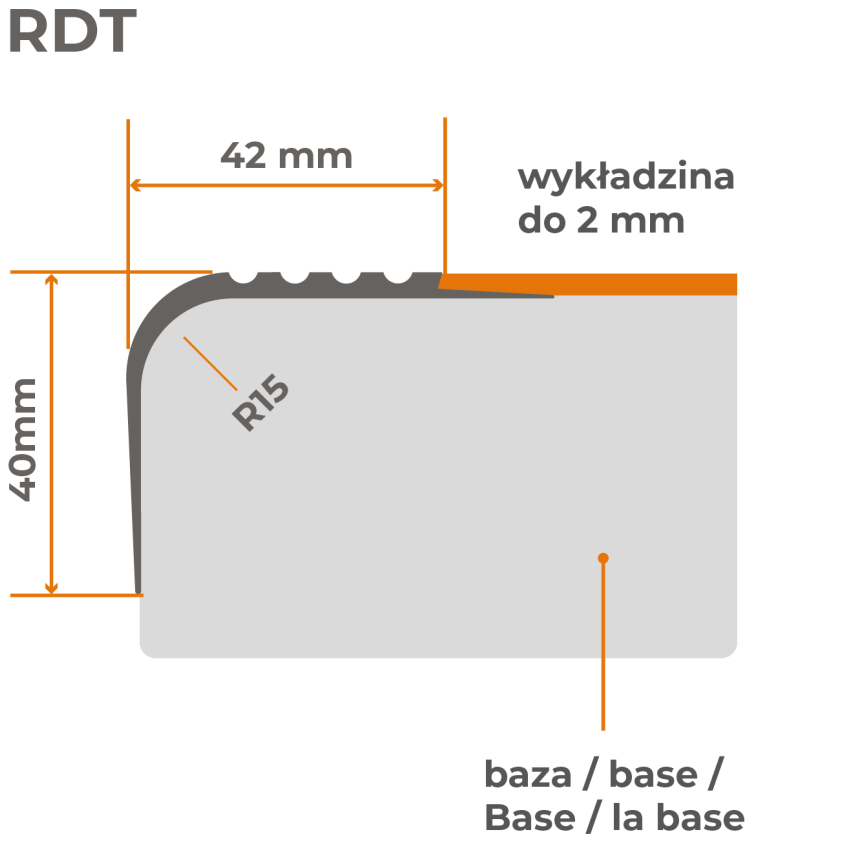 Treppenkantenprofil 40x42 mm, Treppenprofil PVC für Treppenstufen, Treppenkantenschutz mit Rillen, Antirutsch, RDT, grau, 150 cm
