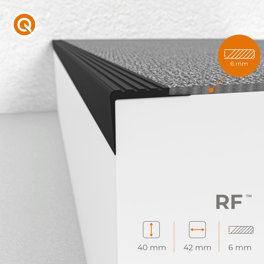 Treppenkantenprofil 42x40 mm, 150 cm, grau, Treppenprofil PVC für Treppenstufen, Treppenkantenschutz mit Rillen, Antirutsch, RF