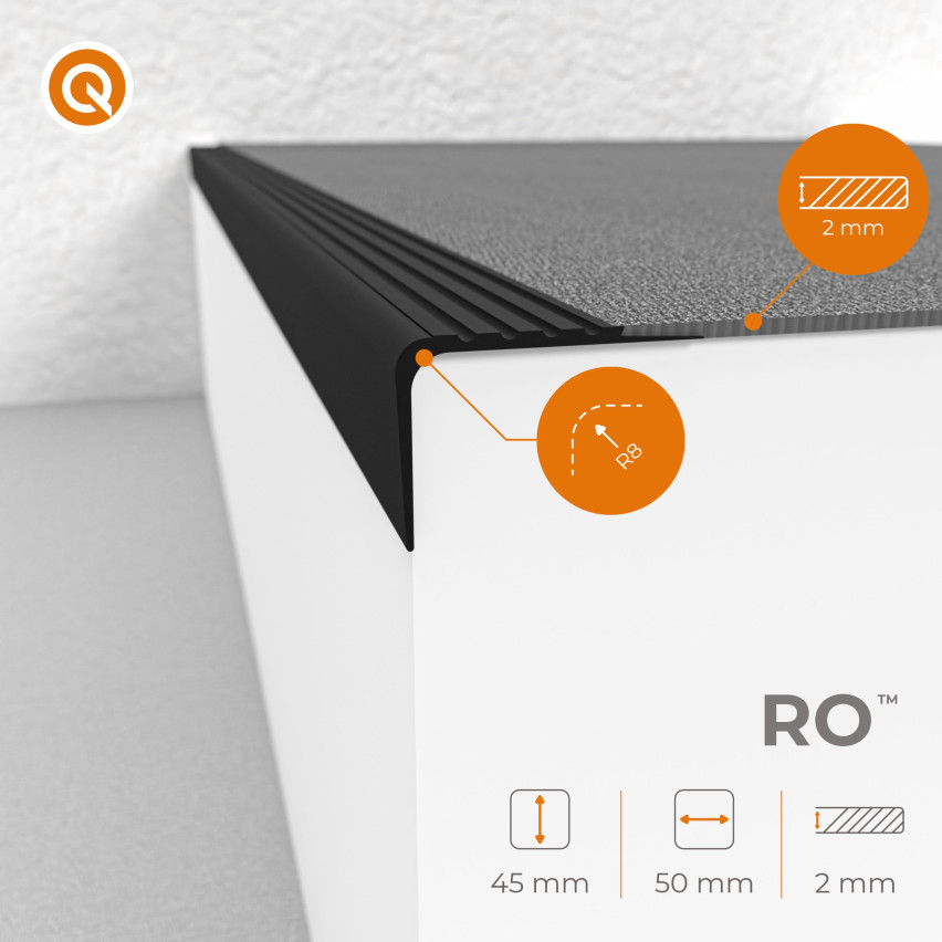 Treppenkantenprofil 50x45 mm, 150 cm, schwarz, Treppenprofil PVC für Treppenstufen, Treppenkantenschutz mit Rillen, Antirutsch, RO