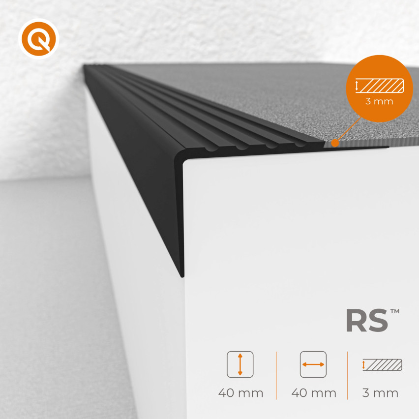 Treppenkantenprofil 40x40 mm, Treppenprofil PVC für Treppenstufen, Treppenkantenschutz mit Rillen, Antirutsch, RS, grau, 150 cm