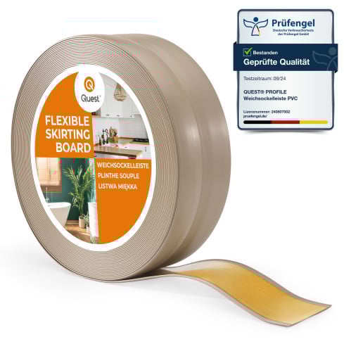 Weichsockelleiste selbstklebend 32x23 mm, flexible Wandabschlussleiste für Küche und Bad, Bodenleiste aus PVC, Dichtungsband, Beige