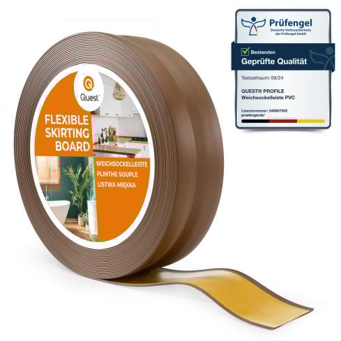 Weichsockelleiste selbstklebend 32x23 mm, flexible Wandabschlussleiste für Küche und Bad, Bodenleiste aus PVC, Dichtungsband, Dunkelbraun